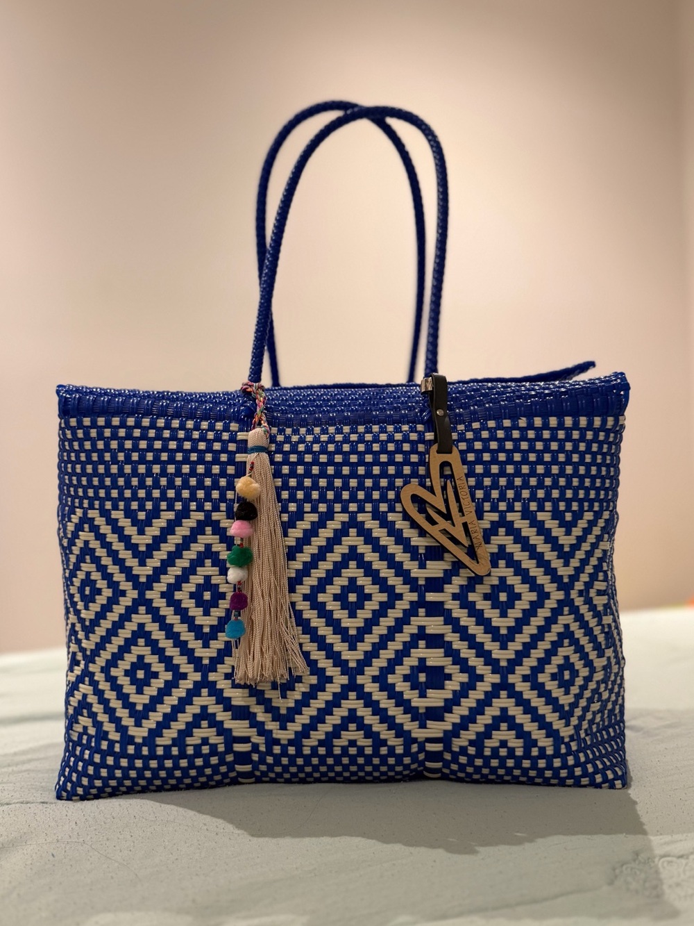 Maria Victoria Blue and Cream Woven Tote with Tassel Charm
